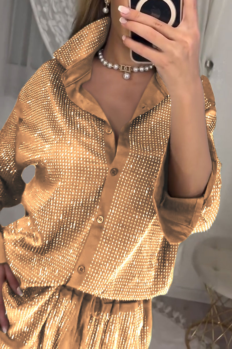 Stylish Diamond-embellished Top and Pants Two-piece Set