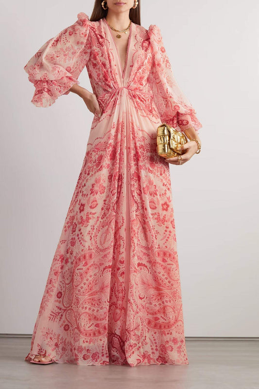 Printed Long Sleeve V-neck Lace Trim Maxi Dress