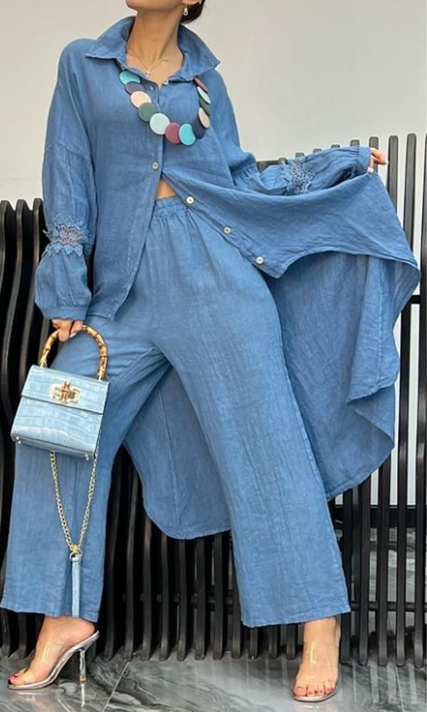 Linen Back Cut-out Shirt and Trousers Two-piece Set