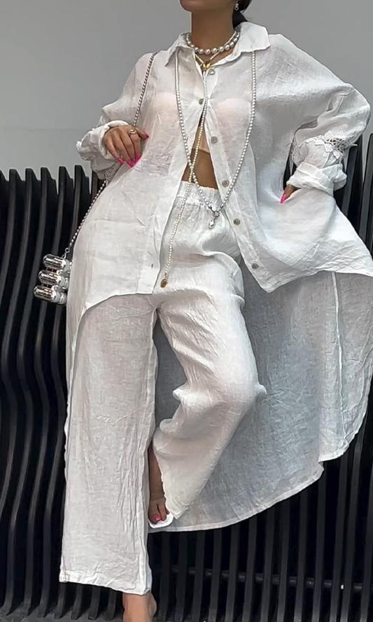 Linen Back Cut-out Shirt and Trousers Two-piece Set