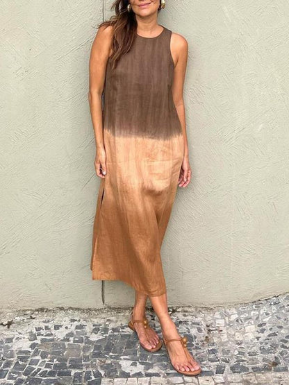 Cotton and Linen Sleeveless Slit Long Dress