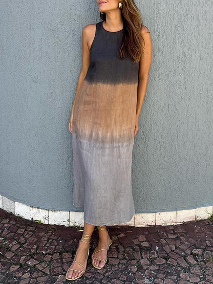 Cotton and Linen Sleeveless Slit Long Dress