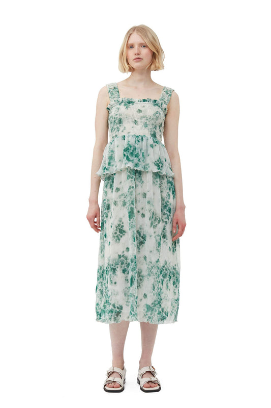 Printed Cami Square Collar Ruffle Hem Smocked Elastic Midi Dress