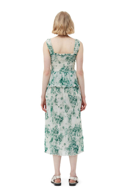 Printed Cami Square Collar Ruffle Hem Smocked Elastic Midi Dress