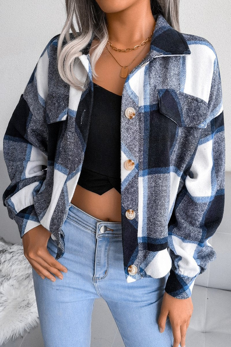 Plaid Lantern Long Sleeve Woolen Coat