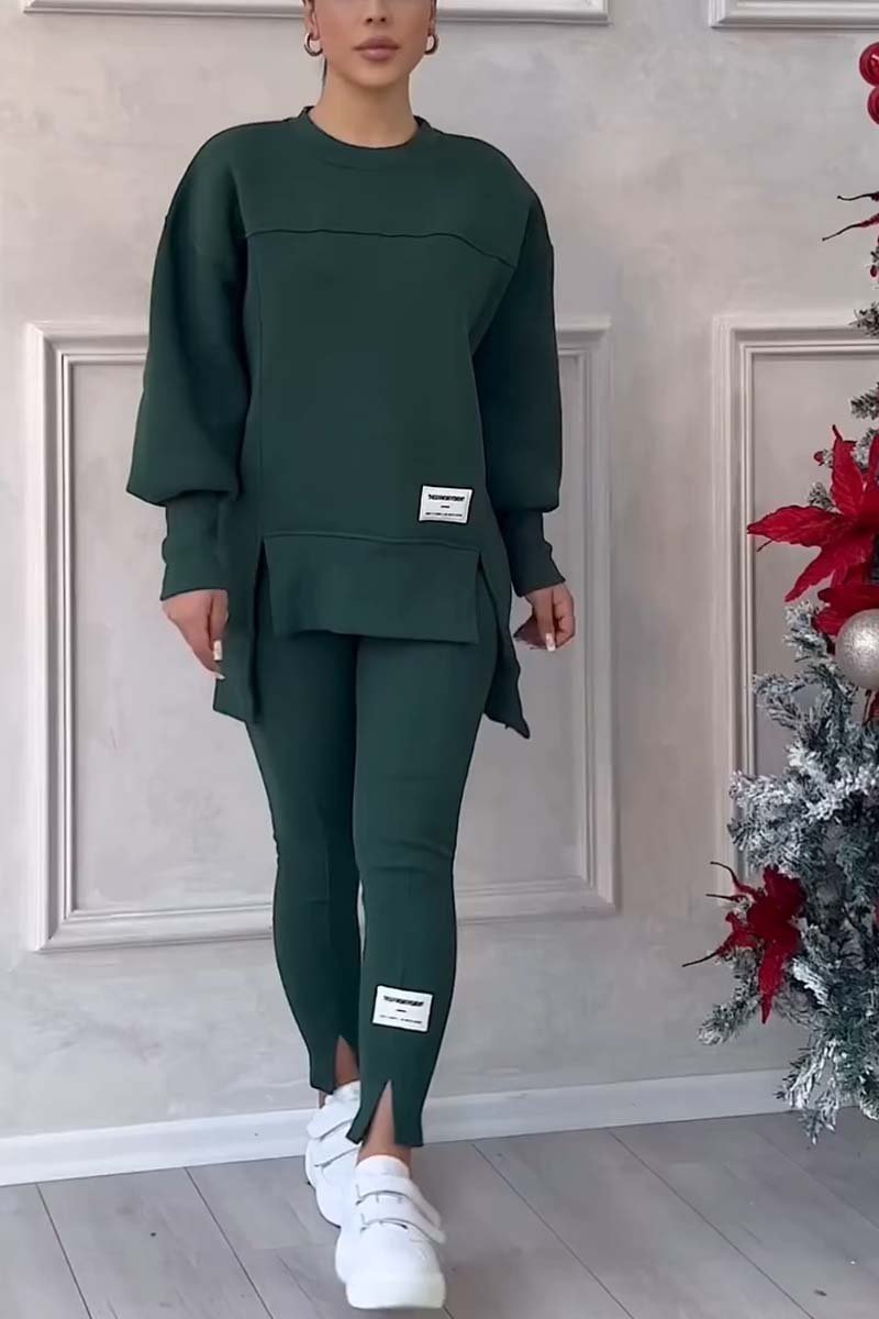 Color Round Neck Long Sleeve Slit Hem Sweatshirt Leggings Set