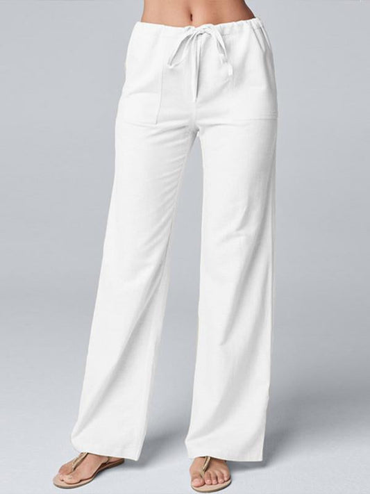 Color Loose Lace-up Cotton Hemp Straight Leg Pants