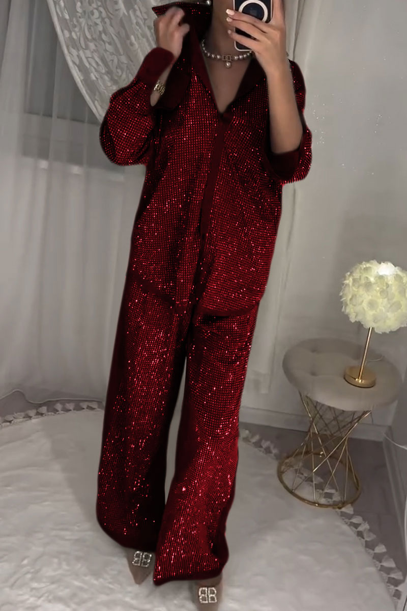 Stylish Diamond-embellished Top and Pants Two-piece Set