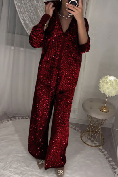 Stylish Diamond-embellished Top and Pants Two-piece Set