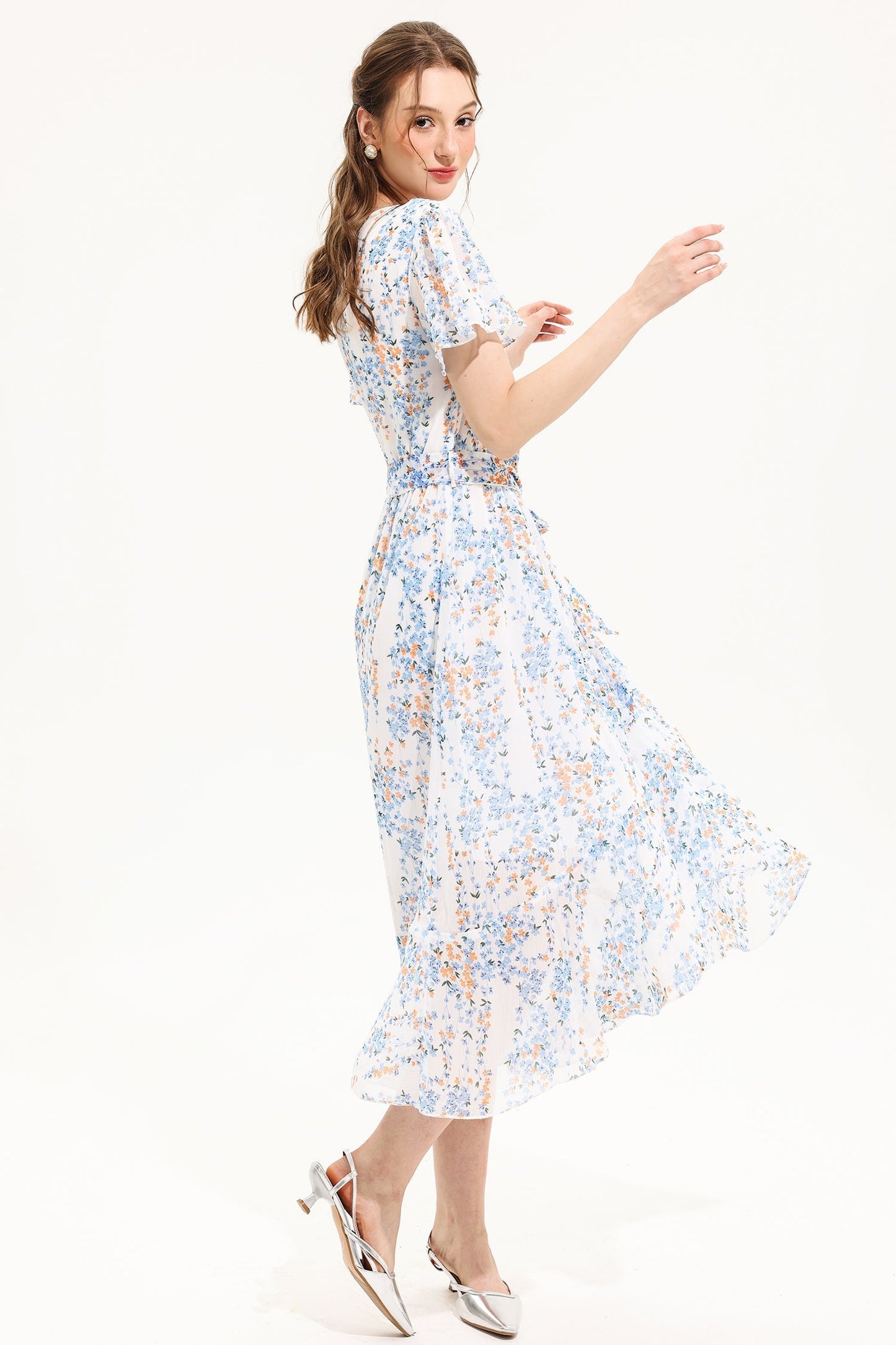 V-neck Short Sleeve Midi Dress Yellow
