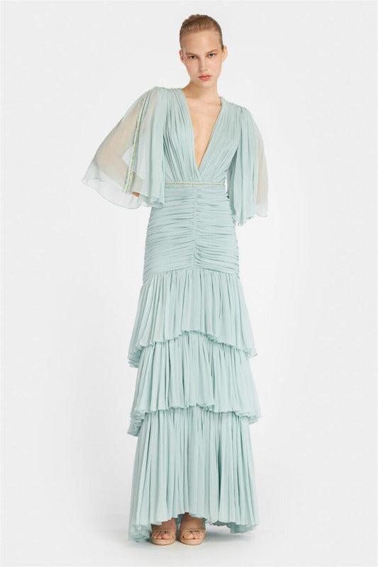 Mid Sleeve V-neck Layered Hem Maxi Dress