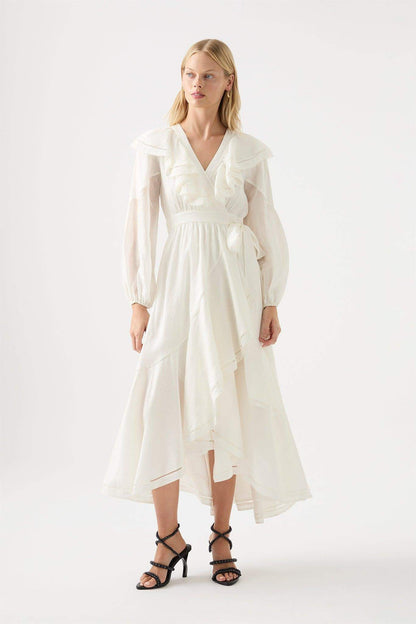 White Long Sleeve V-neck Asymmetric Ruffle Hem Midi Dress