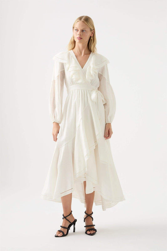 White Long Sleeve V-neck Asymmetric Ruffle Hem Midi Dress