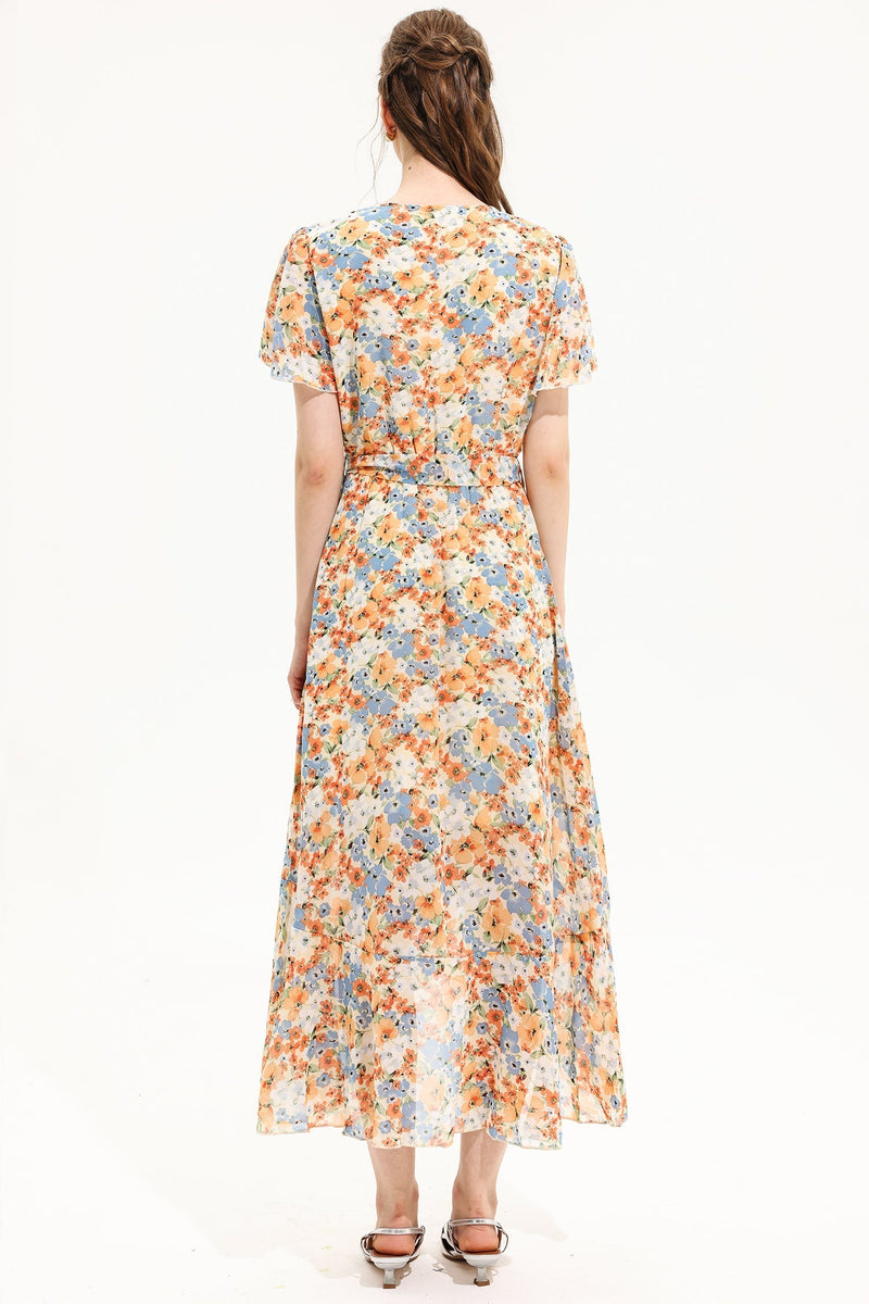 V-neck Short Sleeve Midi Dress Yellow