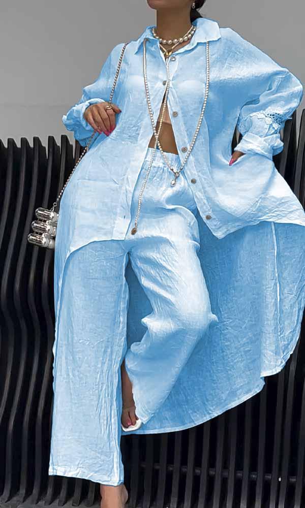 Linen Back Cut-out Shirt and Trousers Two-piece Set