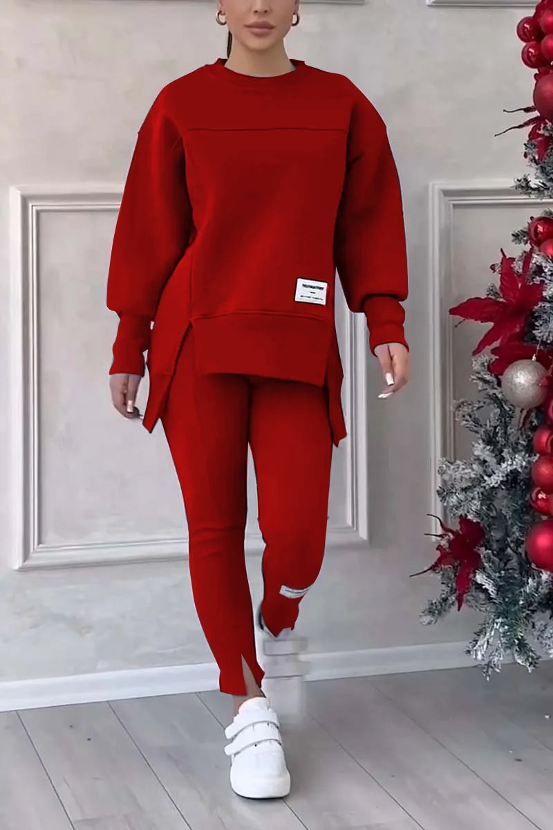 Color Round Neck Long Sleeve Slit Hem Sweatshirt Leggings Set