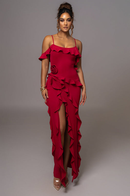 Strapless 3d Split Ruffle Maxi Dress