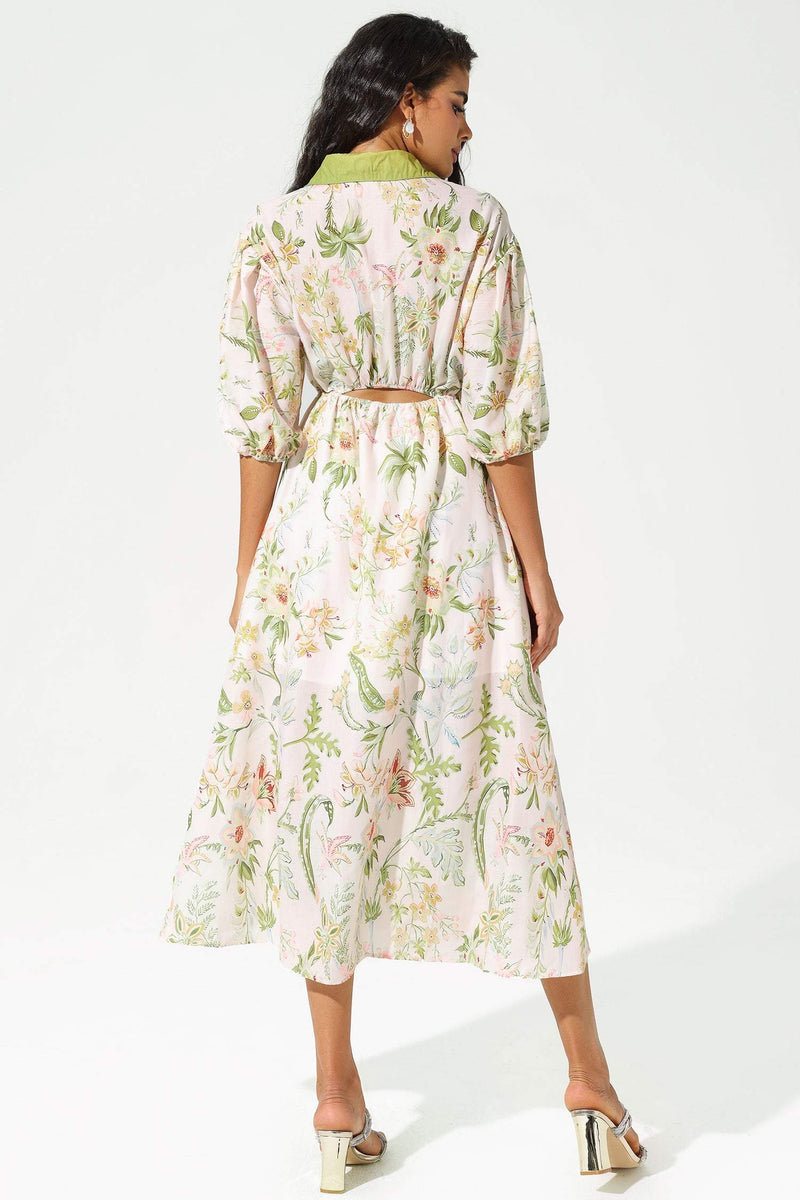 Mid Sleeve Lapel Lace Up Midi Dress