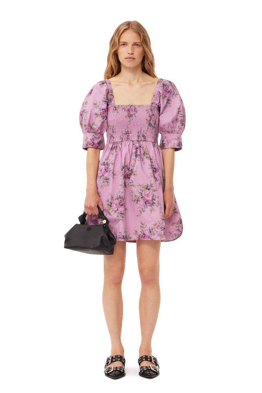 Puff Sleeve Square Collar Smocked Elastic Mini Dress
