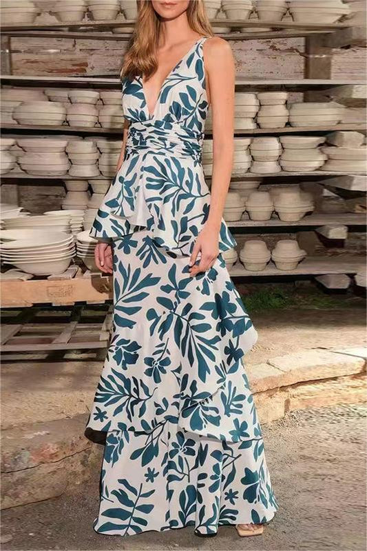 V-neck Cami Printed Ruffle Hem Maxi Dress
