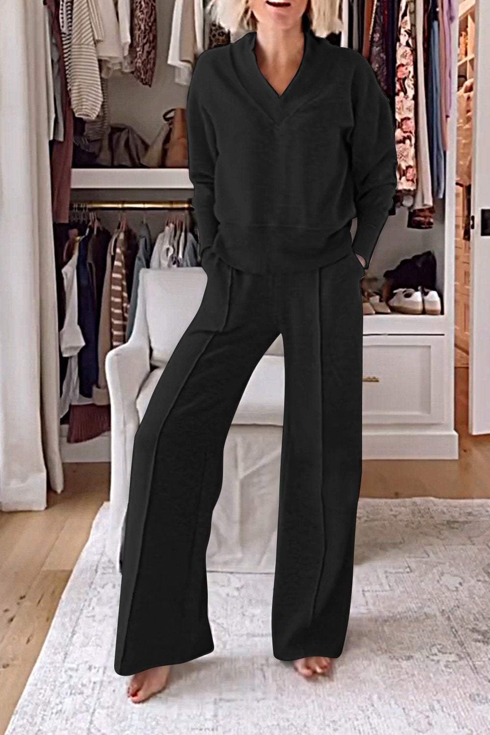 Color V-neck Top & Pants Two-piece Set