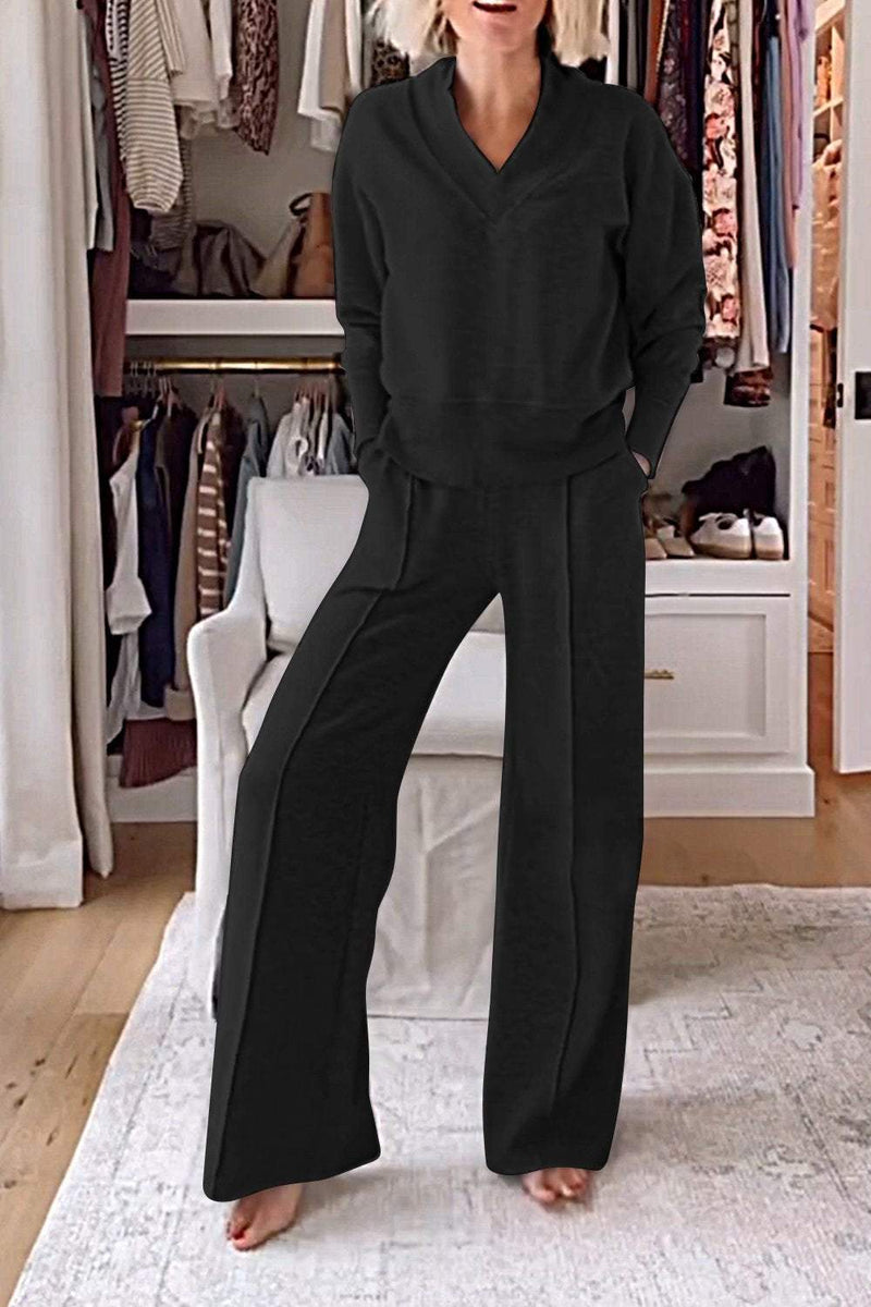 Color V-neck Top & Pants Two-piece Set