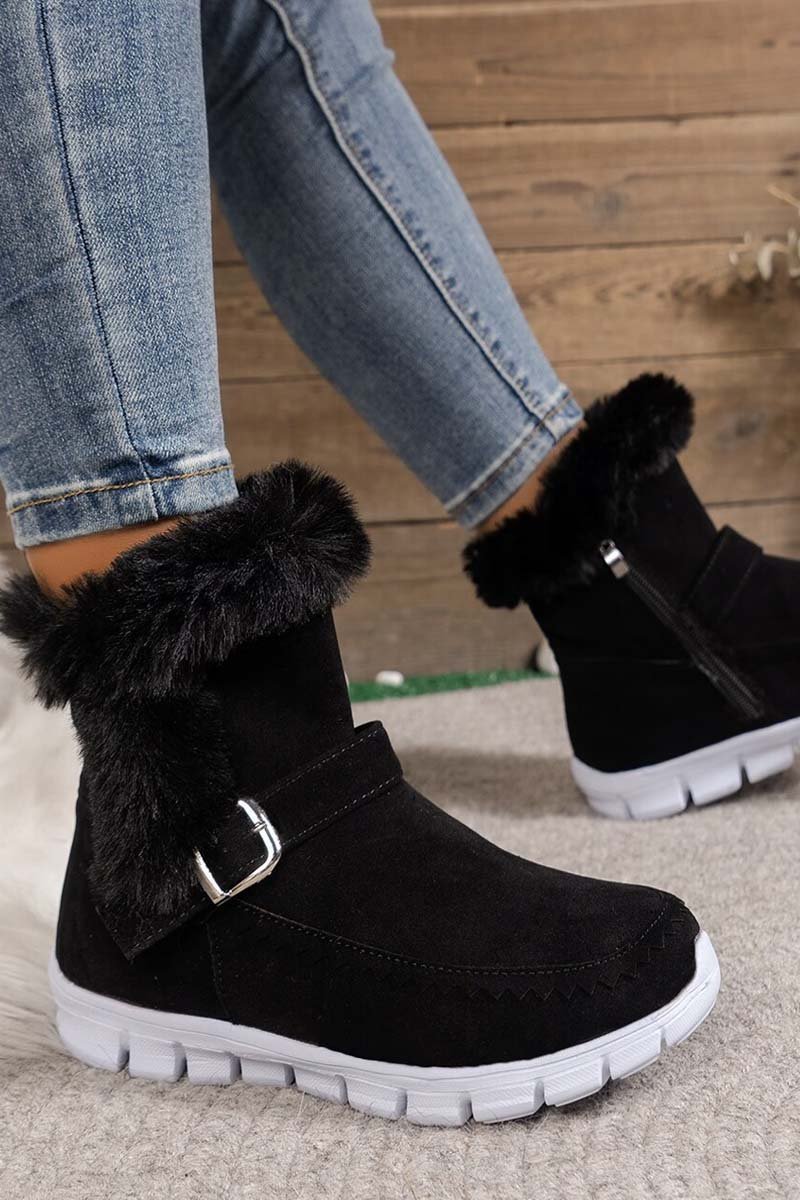 Round Toe Flat Buckle Side Zipper Thickened Short Boots