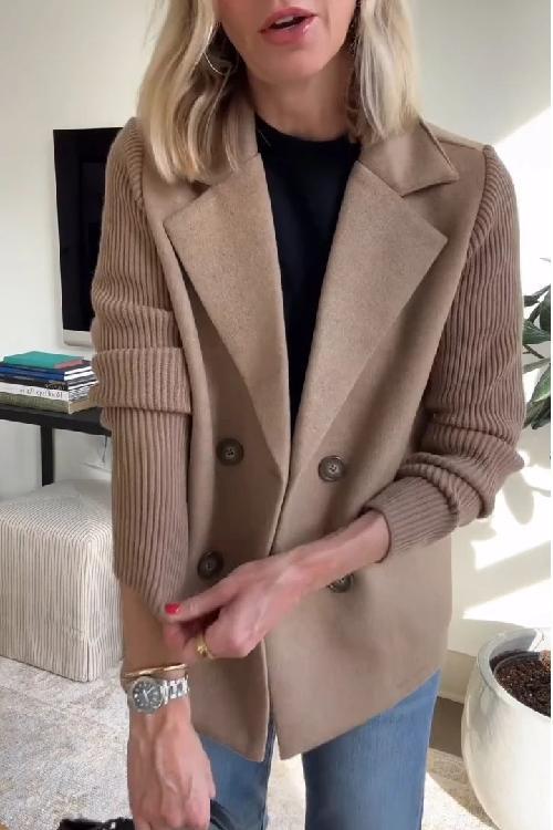 Lapel Button Knitted Sleeve Coat With Two Side Pockets