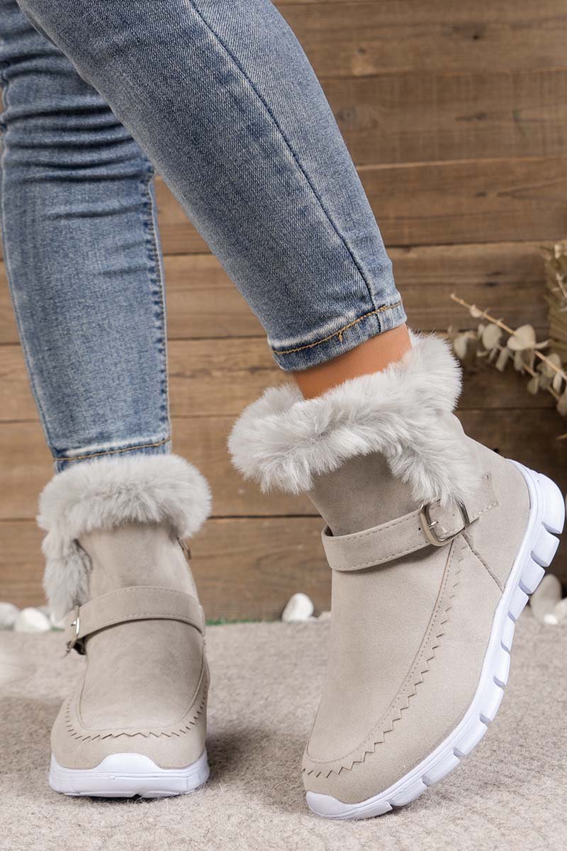 Round Toe Flat Buckle Side Zipper Thickened Short Boots
