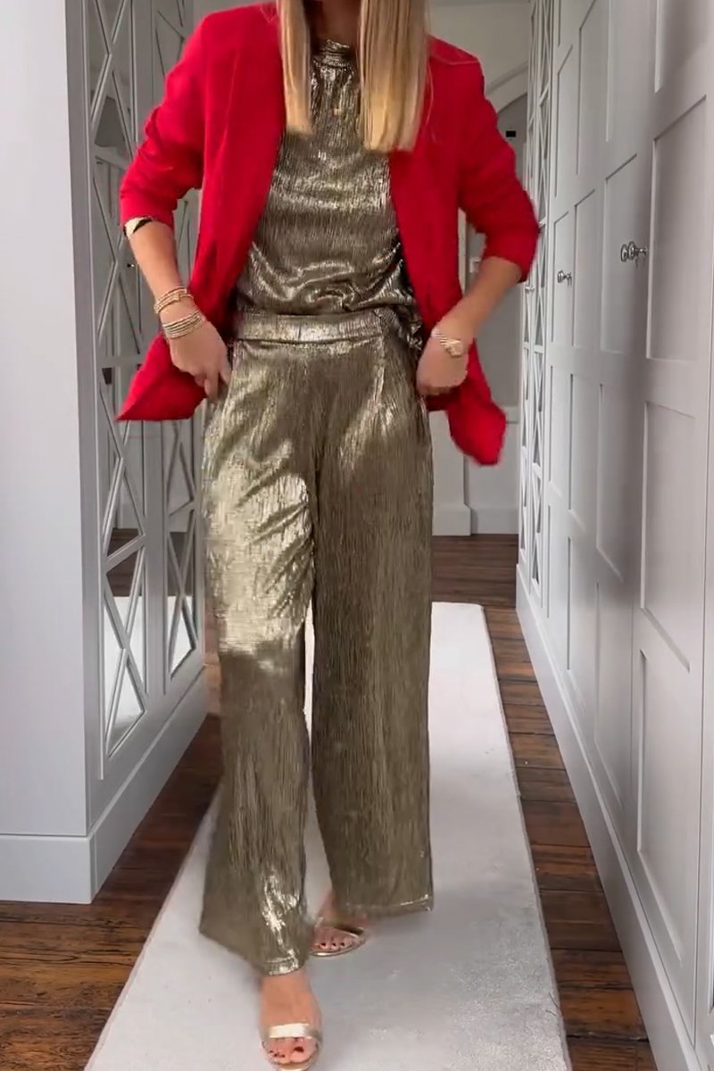 Metallic Fabric Stand Collar Top and Pants Two-piece Set