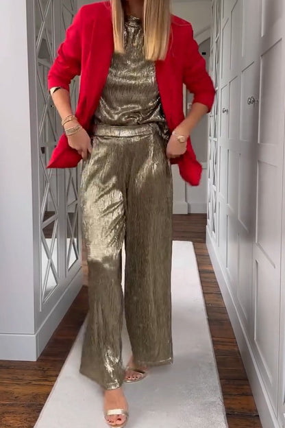 Metallic Fabric Stand Collar Top and Pants Two-piece Set