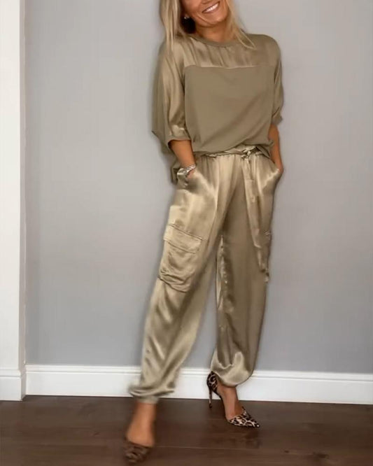 Smooth Satin Half-sleeved Top and Pant Suit Two-piece