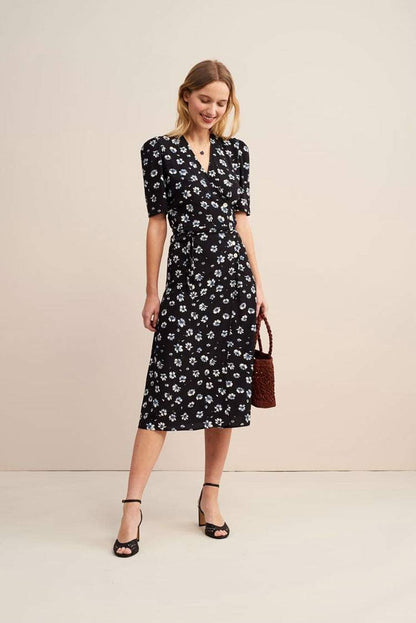 Silk Short Sleeve V-neck Print Midi Dress