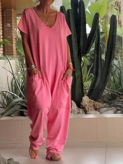 V-neck Color Jumpsuit