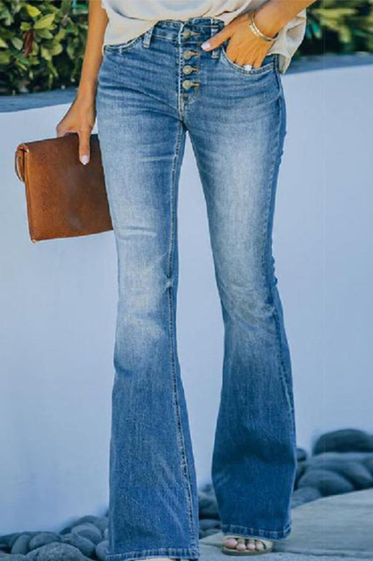 Slim Fit Long Pants Multi-button Flared Pants Washed Jeans