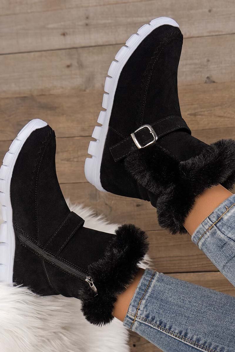 Round Toe Flat Buckle Side Zipper Thickened Short Boots