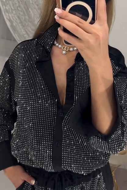 Stylish Diamond-embellished Top and Pants Two-piece Set