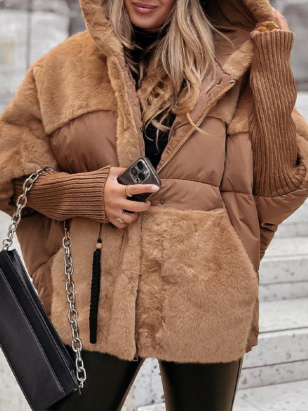 Hooded Long-sleeved Fur Patchwork Winter Coat
