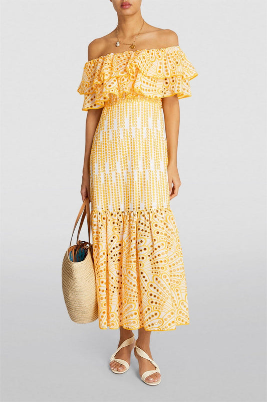 Embroidered Off-shoulder Smocking Midi Dress