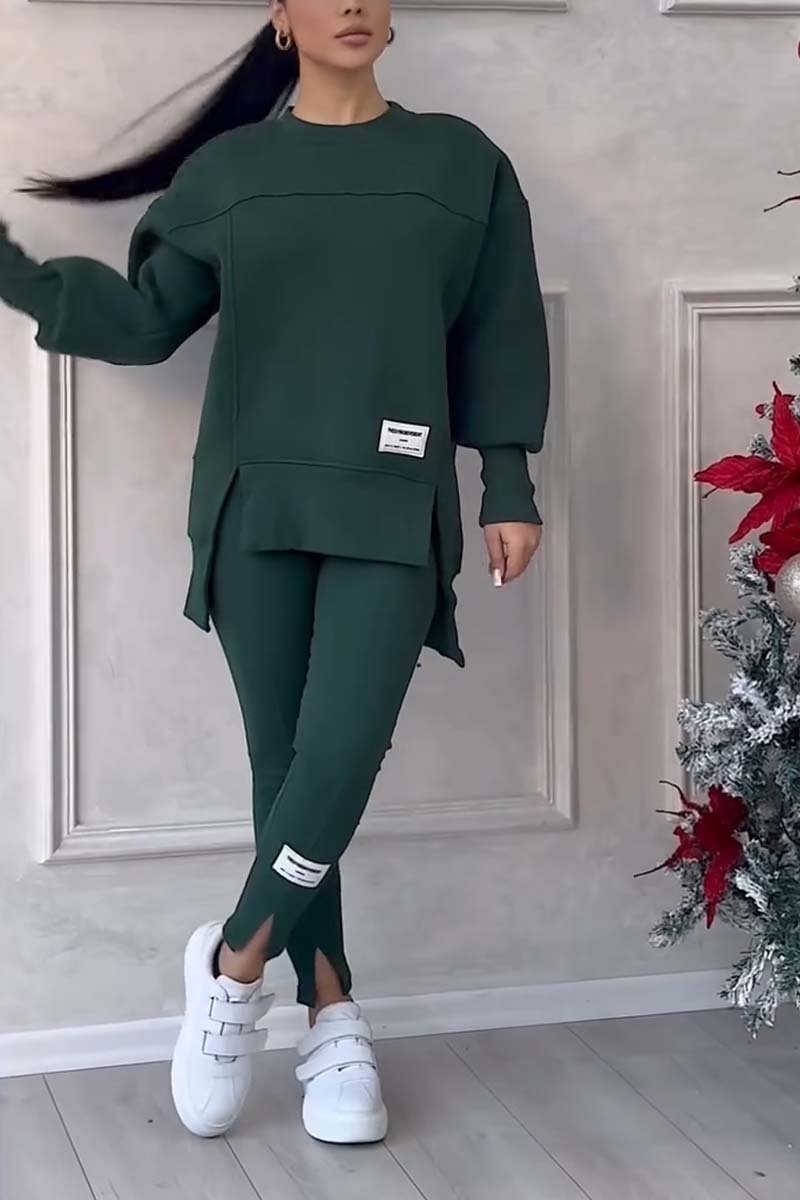 Color Round Neck Long Sleeve Slit Hem Sweatshirt Leggings Set
