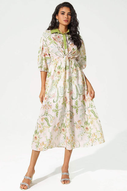 Mid Sleeve Lapel Lace Up Midi Dress