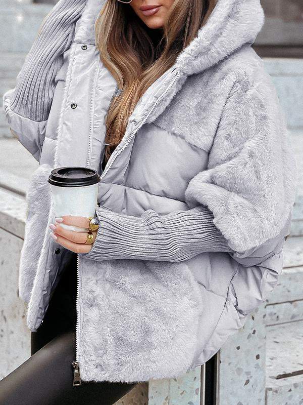 Hooded Long-sleeved Fur Patchwork Winter Coat