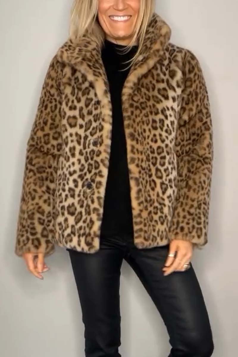 Fashionable Leopard Print Lapel Faux Fur Winter Short Coat