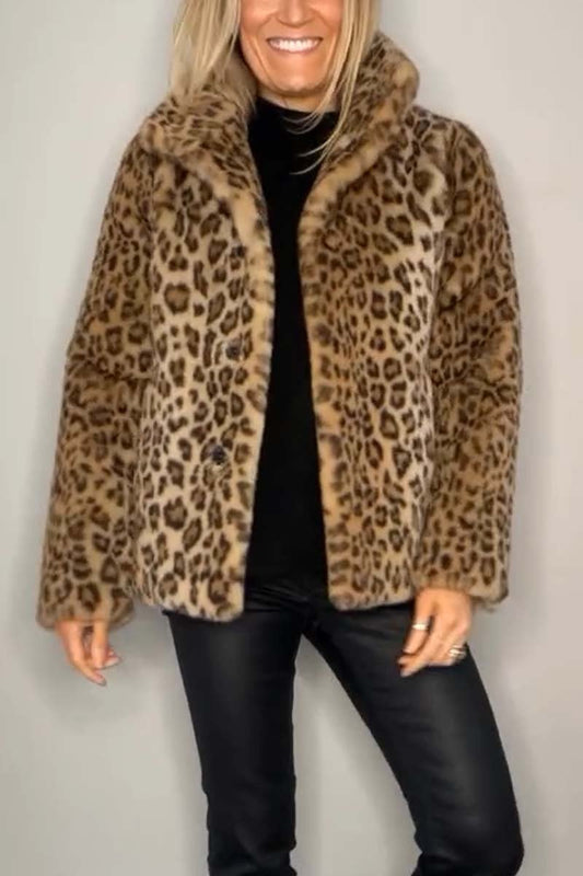 Fashionable Leopard Print Lapel Faux Fur Winter Short Coat