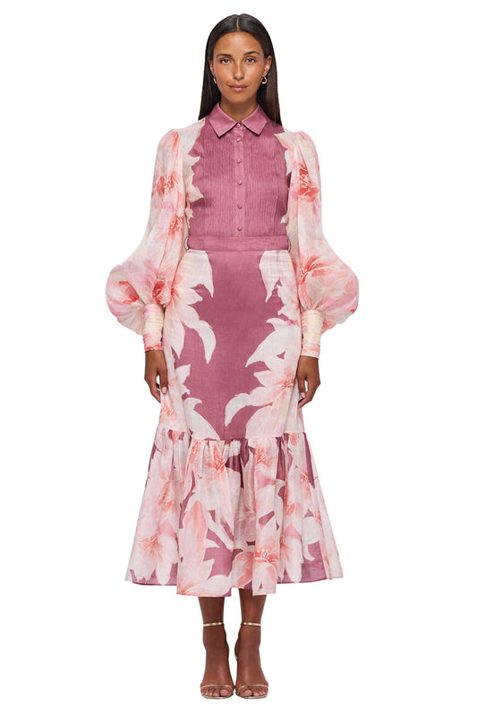 Printed Lantern Sleeve Fishtail Wrapped Hip Midi Dress