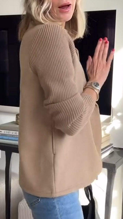 Lapel Button Knitted Sleeve Coat With Two Side Pockets
