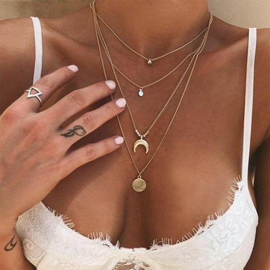 Style Moon Gold Silver Multi-layered Pendant Necklace