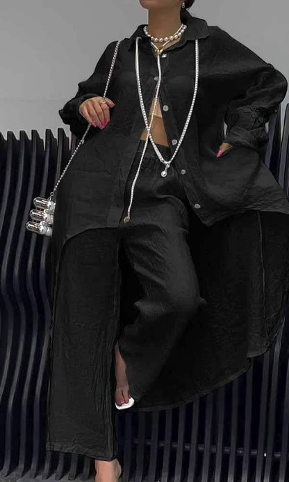 Linen Back Cut-out Shirt and Trousers Two-piece Set