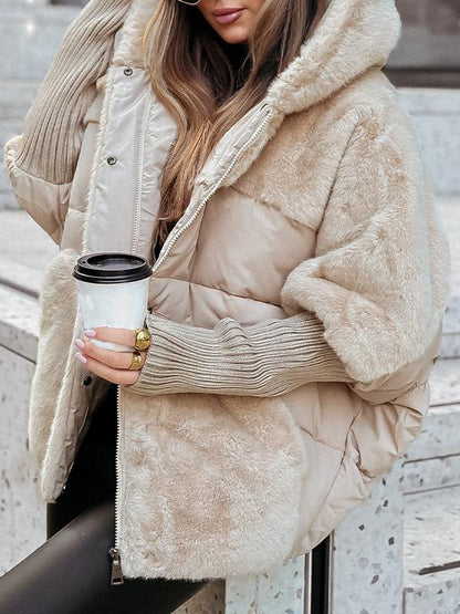 Hooded Long-sleeved Fur Patchwork Winter Coat