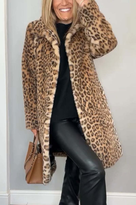 Fashionable Leopard Lapel Faux Fur Winter Mid-length Coat